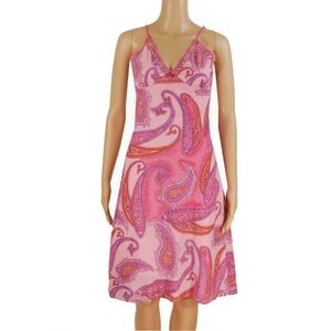 Vintage Y2K Spaghetti Strap Rhinestone Lace Trim Pink Paisley Sun Slip Dress